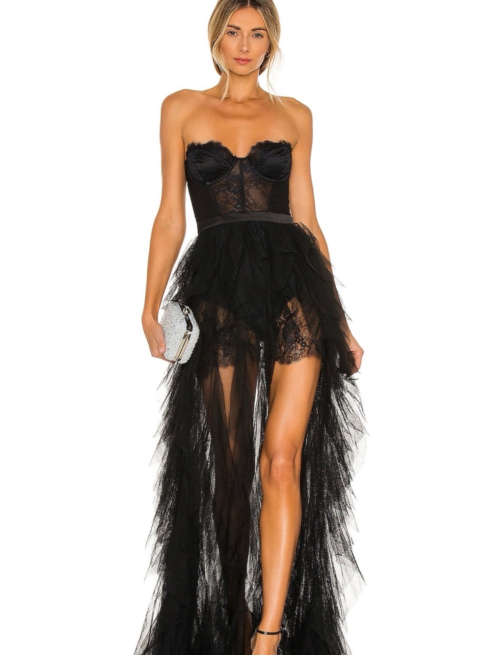 For Love And Lemons Black Tiered Lace & Tulle Maxi Dress